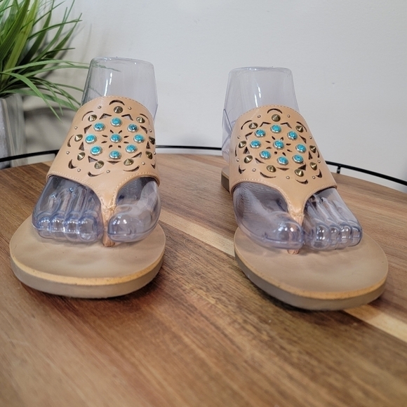 Lucky Brand 'Breese' Sandal Tan Thong with turquoise embellishments boho Size 7 - Picture 9 of 15